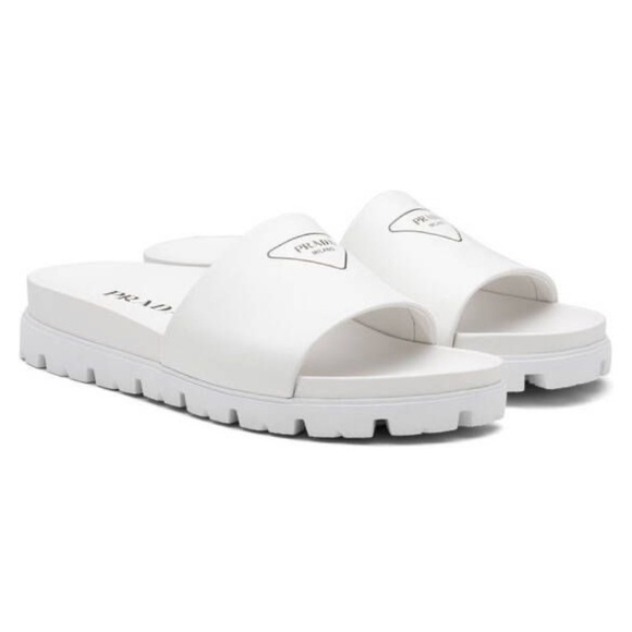 Prada Men’s silkscreen logo print slides sandals White leather New US 12 & 12.5 - Picture 1 of 14